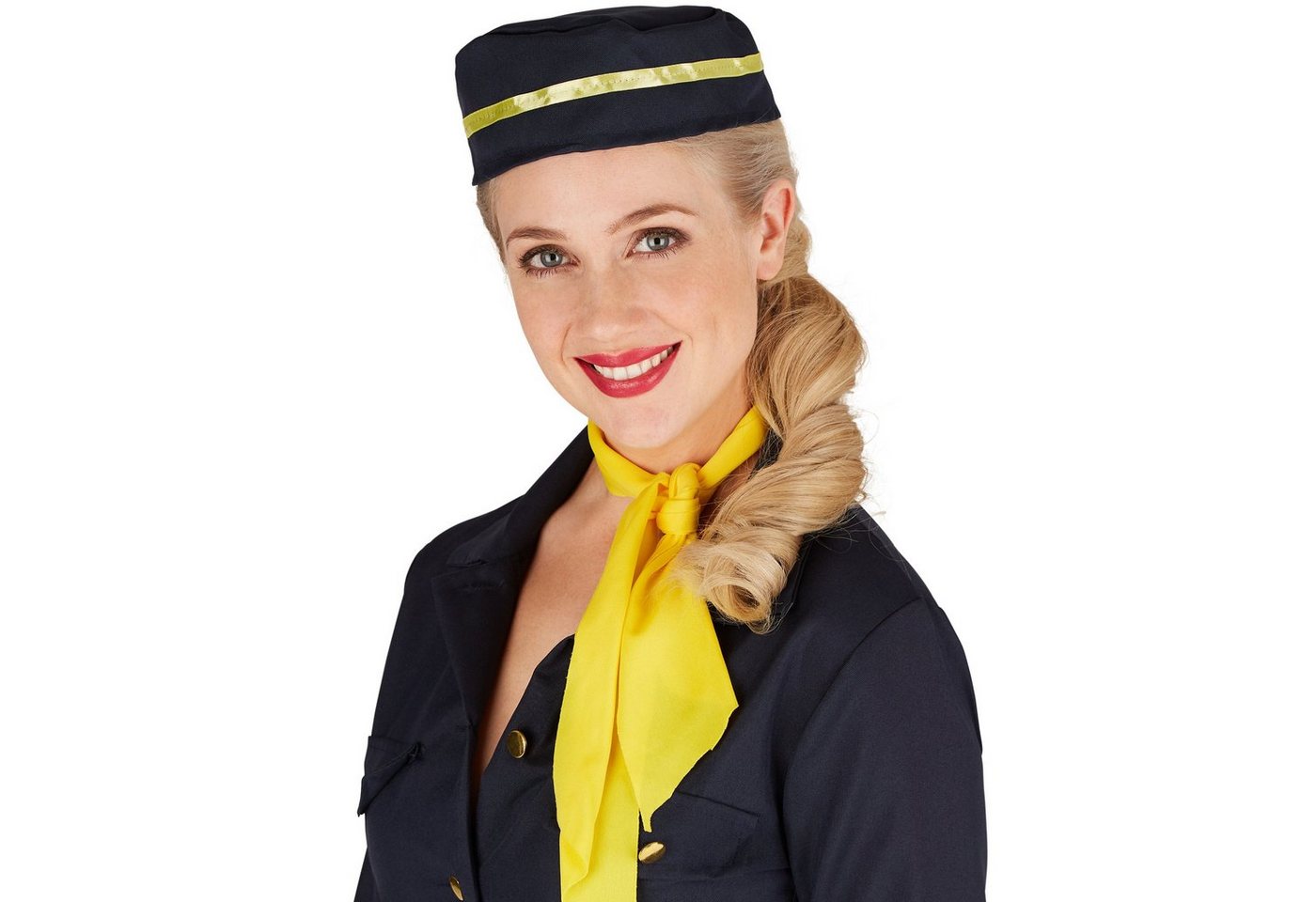 dressforfun Kostüm Flugbegleiterin, auch Stewardess, in der Farbe schwarz/gelb, Gr. S, Kurzes Kleid, Stewardessen-Hut, Schönes passendes Halstuch
