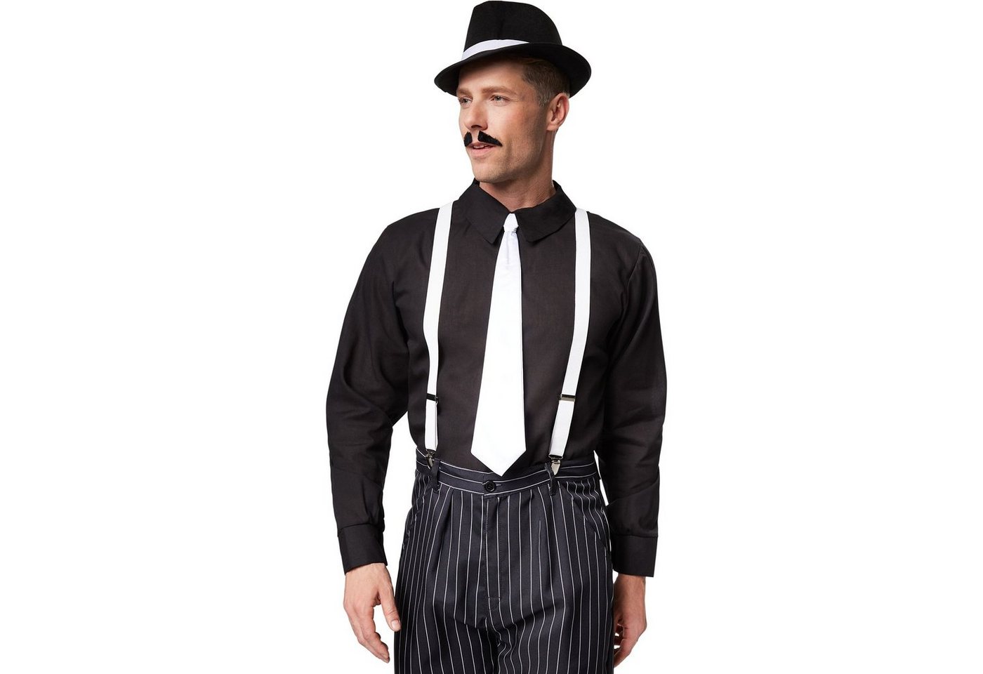 dressforfun Kostüm Edelmann, auch Kavalier, in schwarz/weiß, Gr. L, Weiße Hosenträger, Langarm-Hemd, Hose mit Nadelstreifen, Weiße Krawatte mit Gummizug Bild 3