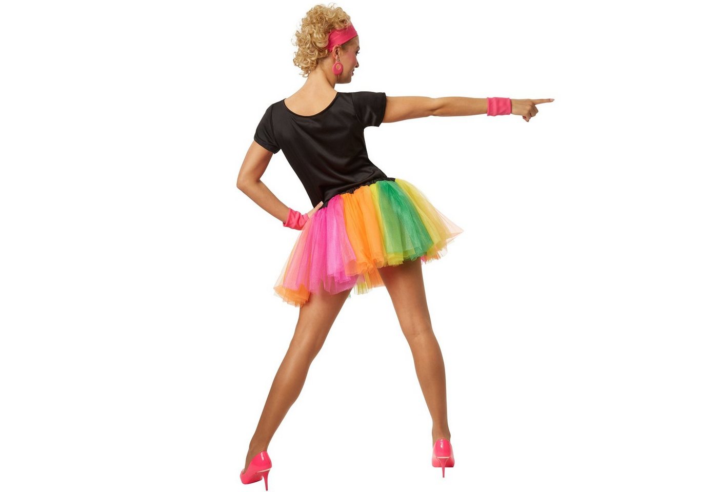 dressforfun Hippie-Kostüm Tänzerin/Partygängerin, in bunt, Fetziges Partykostüm im 80er-Style, Gr. L, Schwarzes Oberteil mit Aufdruck „I love 80´s“ und Kussmund