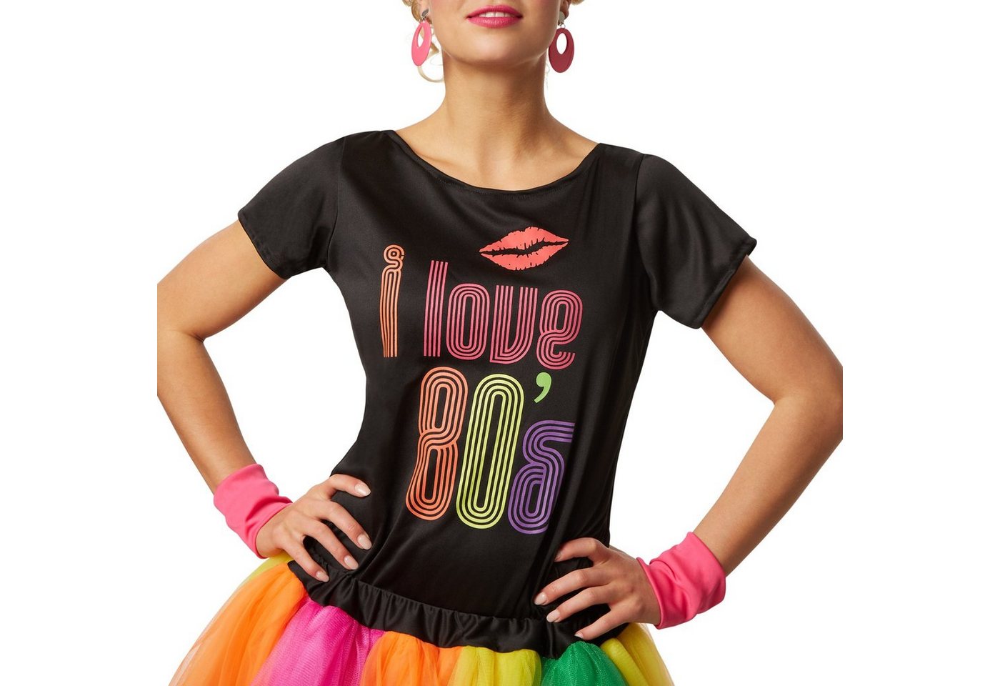 dressforfun Hippie-Kostüm Tänzerin/Partygängerin, in bunt, Fetziges Partykostüm im 80er-Style, Gr. L, Schwarzes Oberteil mit Aufdruck „I love 80´s“ und Kussmund Bild 2