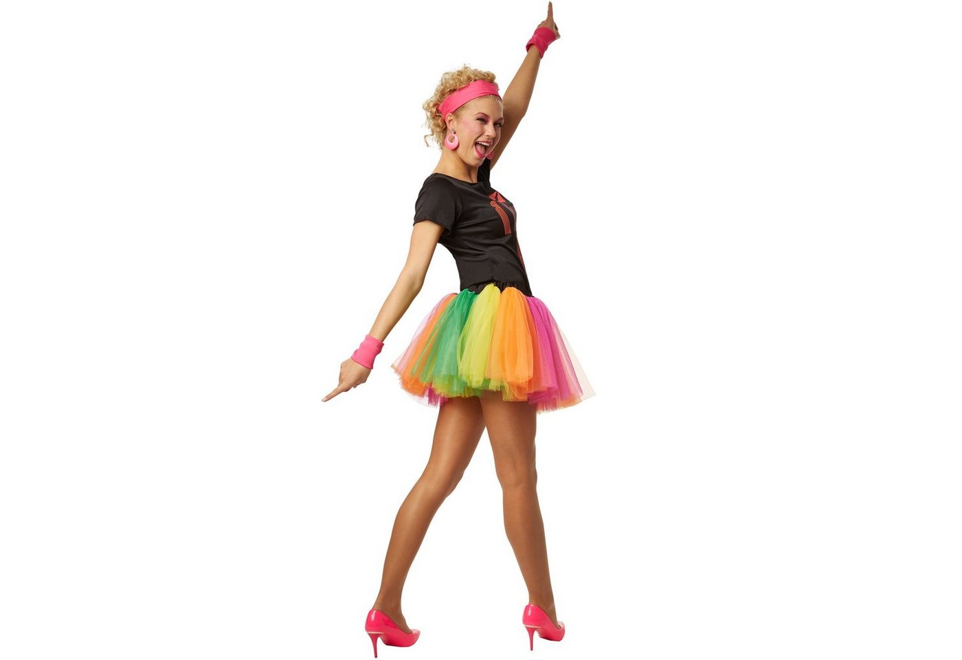 dressforfun Hippie-Kostüm Tänzerin/Partygängerin, in bunt, Fetziges Partykostüm im 80er-Style, Gr. L, Schwarzes Oberteil mit Aufdruck „I love 80´s“ und Kussmund Bild 3