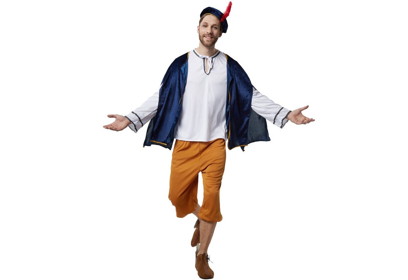 dressforfun Kostüm Ausrufer, auch Verkünder, in der Farbe blau/weiß, Konfektionsgröße L, Kopfbedeckung mit Feder, Hellbraune Dreiviertelhose mit Gummizug