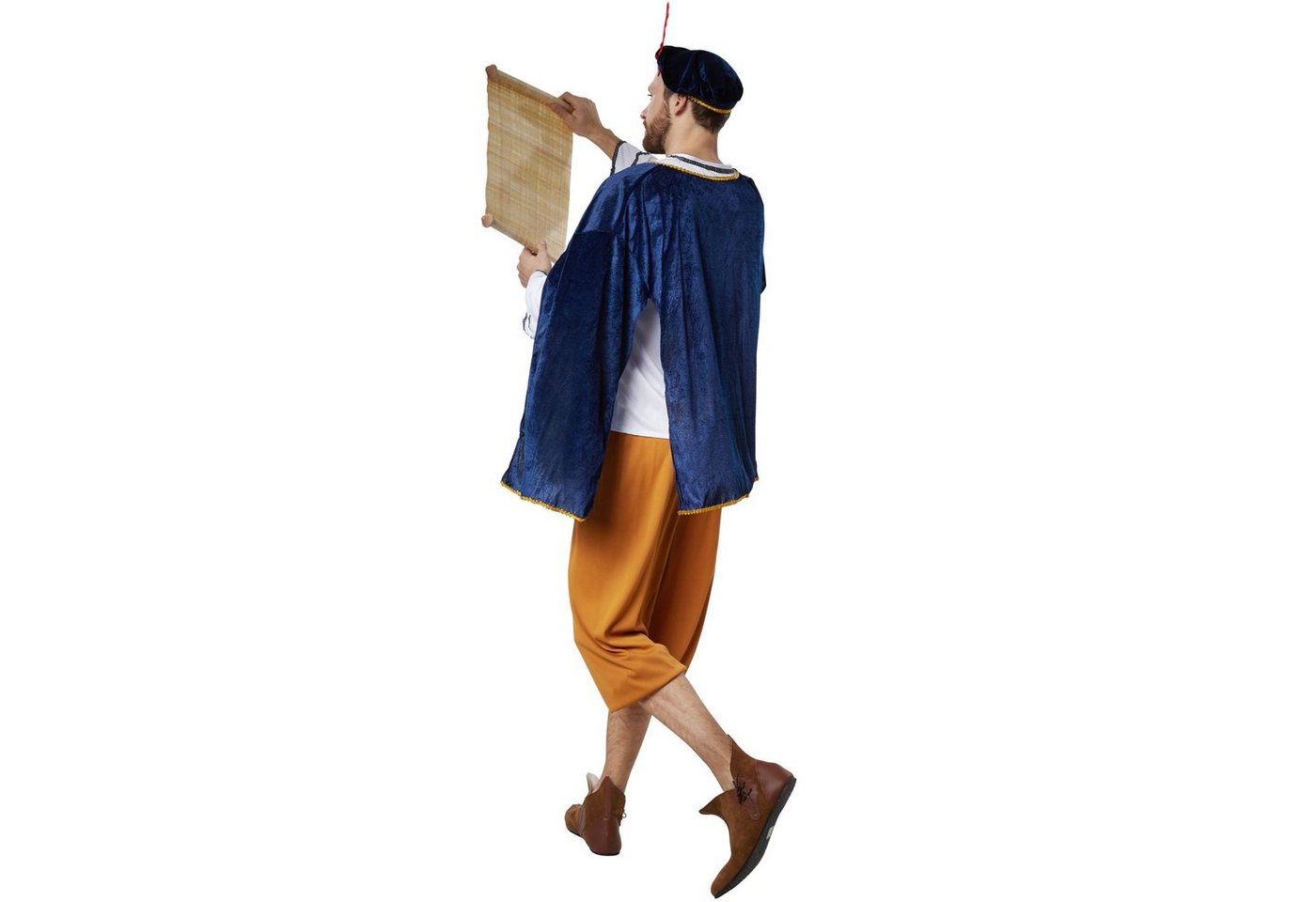 dressforfun Kostüm Ausrufer, auch Verkünder, in der Farbe blau/weiß, Konfektionsgröße L, Kopfbedeckung mit Feder, Hellbraune Dreiviertelhose mit Gummizug Bild 2
