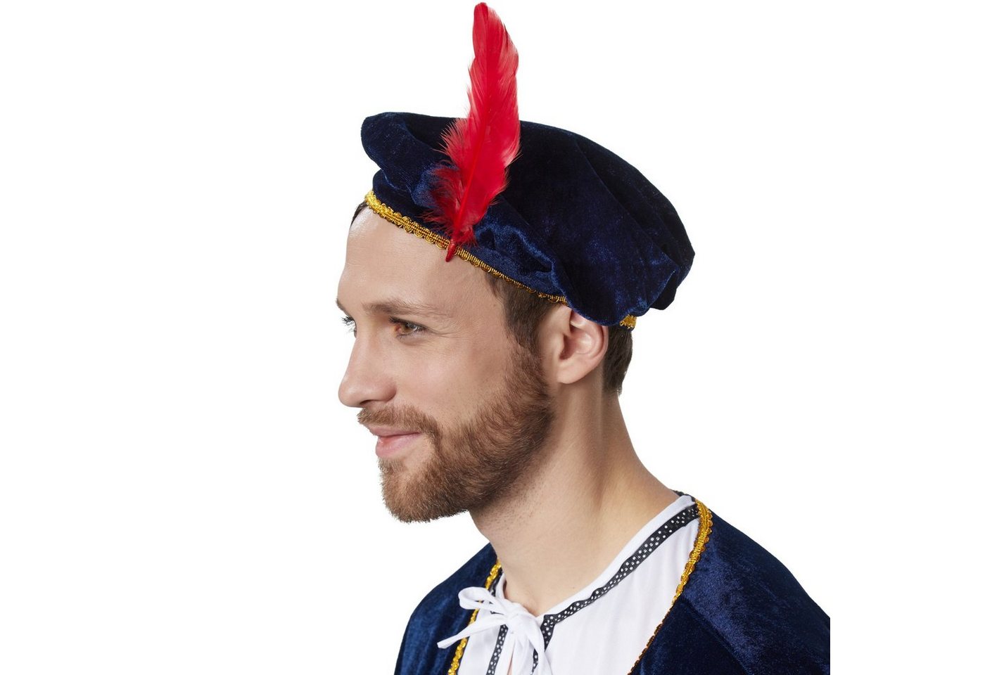 dressforfun Kostüm Ausrufer, auch Verkünder, in der Farbe blau/weiß, Konfektionsgröße L, Kopfbedeckung mit Feder, Hellbraune Dreiviertelhose mit Gummizug Bild 4