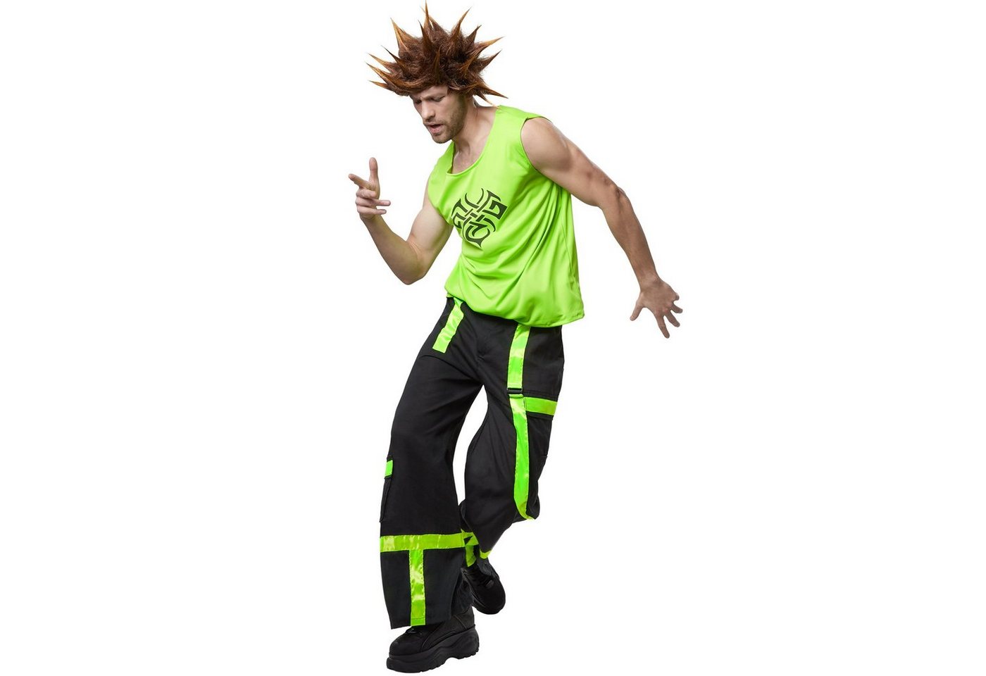 dressforfun Hippie-Kostüm Technotänzer, auch Discofan, Gr. M, Lange Hose mit Schlag Gummibund, in schwarz/grün, Ärmelloses Shirt aus neongrünem Satinstoff, Knopf Bild 3