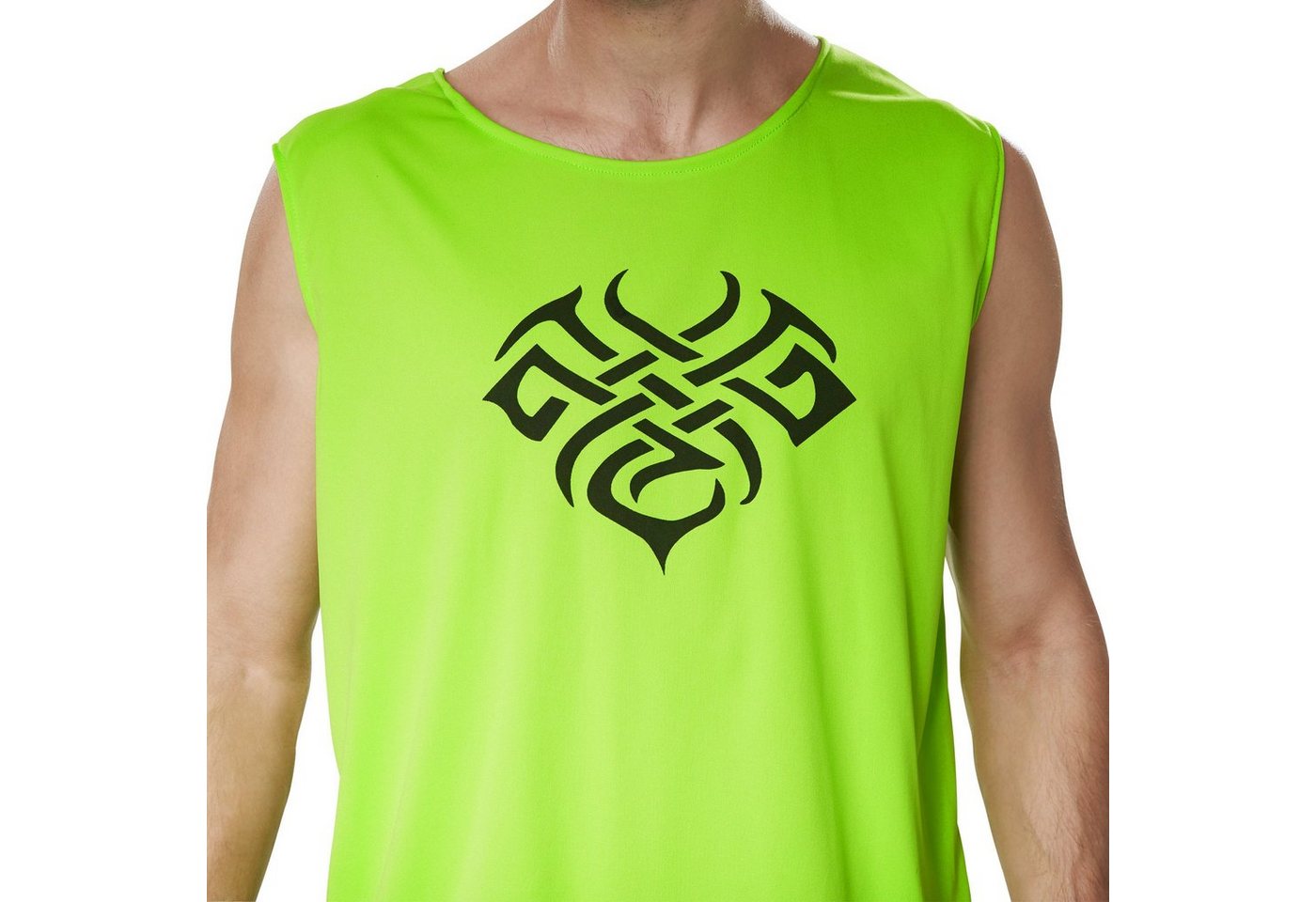 dressforfun Hippie-Kostüm Technotänzer, auch Discofan, Gr. M, Lange Hose mit Schlag Gummibund, in schwarz/grün, Ärmelloses Shirt aus neongrünem Satinstoff, Knopf Bild 4