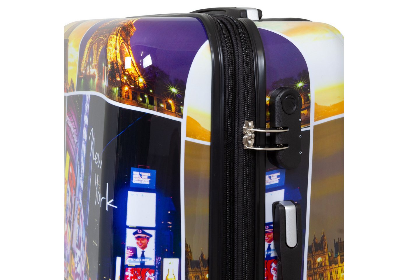 Trendyshop365 Hartschalen-Trolley Janeiro, bunter Koffer mit Motiv, 3 Größen, 4 Rollen, Zahlenschloss, Polycarbonat, Dehnfalte