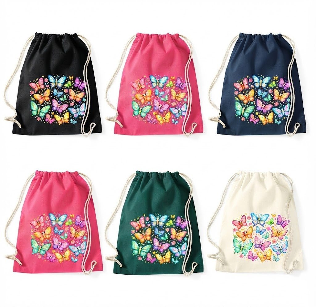 Blondie & Brownie Turnbeutel Bunter Schmetterling PrintTurnbeutel Baumwolle Sportbeutel (Einzelstück, Einzelartikel), Schmetterling Turnbeutel Baumwolle