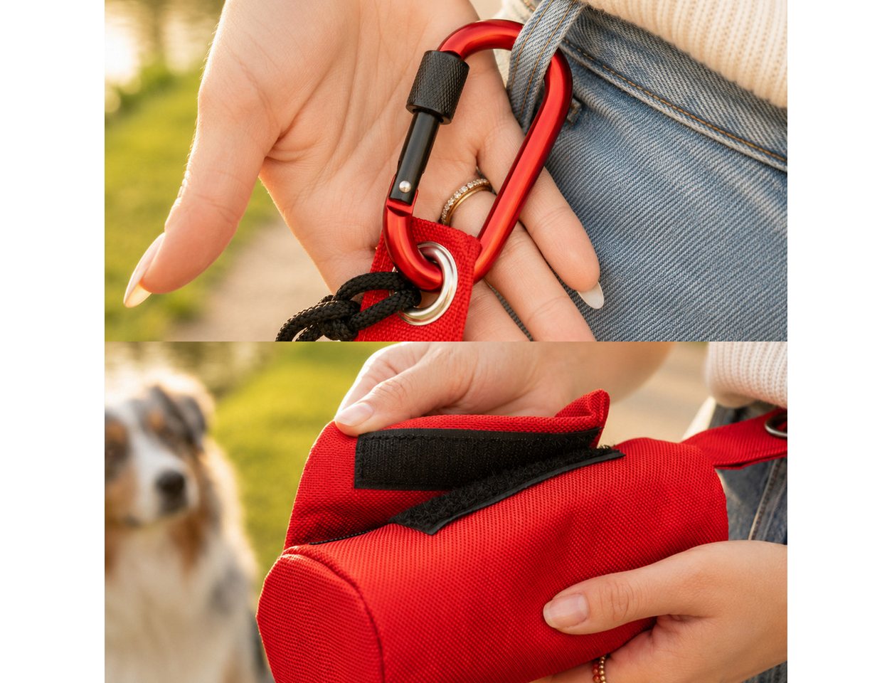 belviona Leckerlibeutel für Apportiertraining mit Wurfhilfe & Karabiner, robust & sicher, rot (1-tlg), wasserfester Futterdummy, Hundefutterbeutel Bild 5