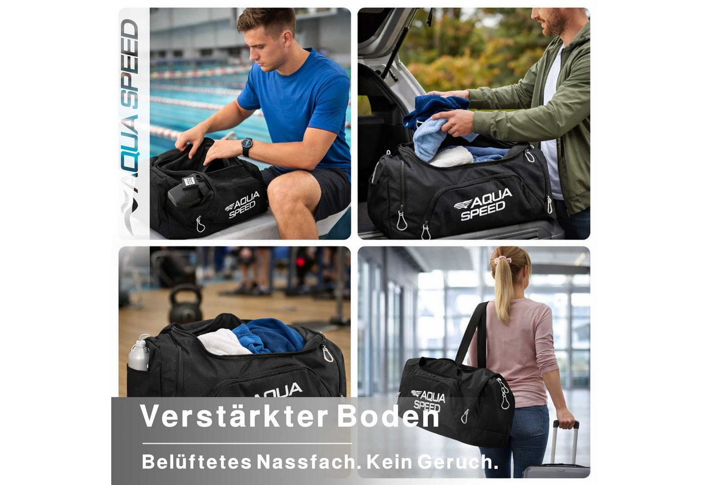 Aqua Speed Sporttasche Duffle Bag L 42L Training Fitness Schwimmen Pool Öffnung 27 (Fitness Tasche mit breiter U Öffnung für schnellen Zugriff oben), Klettgriff erleichtert Transport auch bei voller Beladung