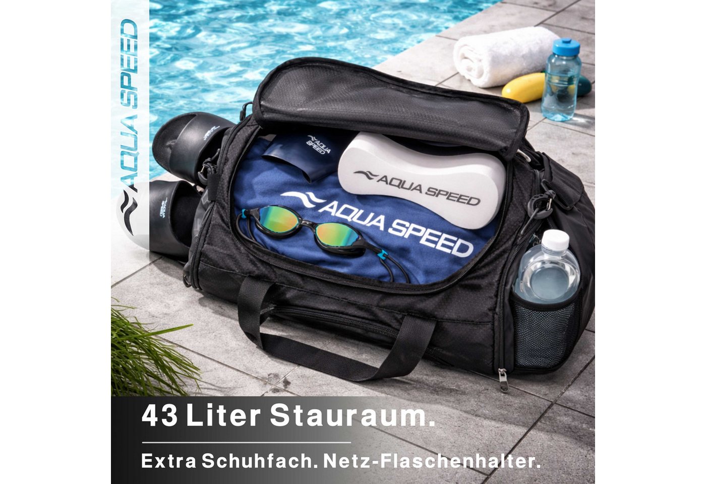 Aqua Speed Sporttasche Duffle Bag L 42L Training Fitness Schwimmen Pool Öffnung 27 (Fitness Tasche mit breiter U Öffnung für schnellen Zugriff oben), Klettgriff erleichtert Transport auch bei voller Beladung Bild 2