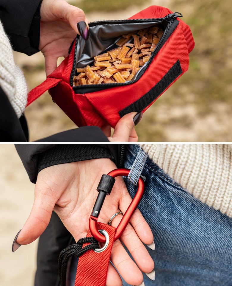 lionto Leckerlibeutel mit Karabiner, Schaumstoffpolsterung & Wurfhilfe-Kordel, rot (Futterbeutel, 1-tlg., Apportier- & Trainingsdummy), 18x7 cm Bild 2