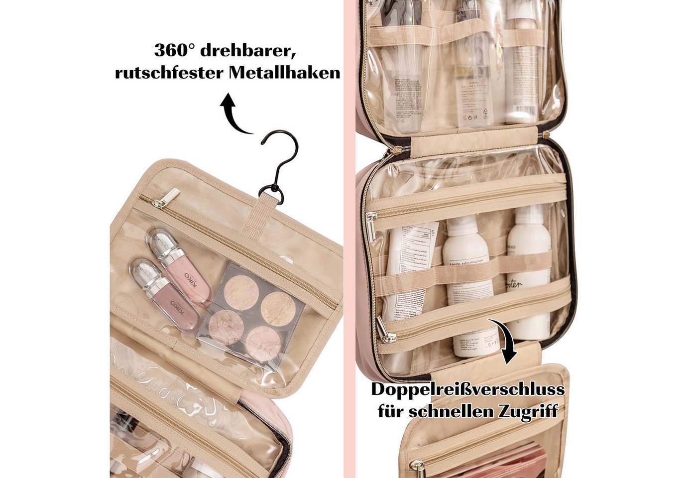 OSTWOLKE Kulturbeutel Reise Kulturtasche Damen Wasserabweisende Kulturbeutel zum Aufhängen, Kosmetiktasche mit 4 Fächer, elastische Bänder, 360° Haken, Doppel-RV