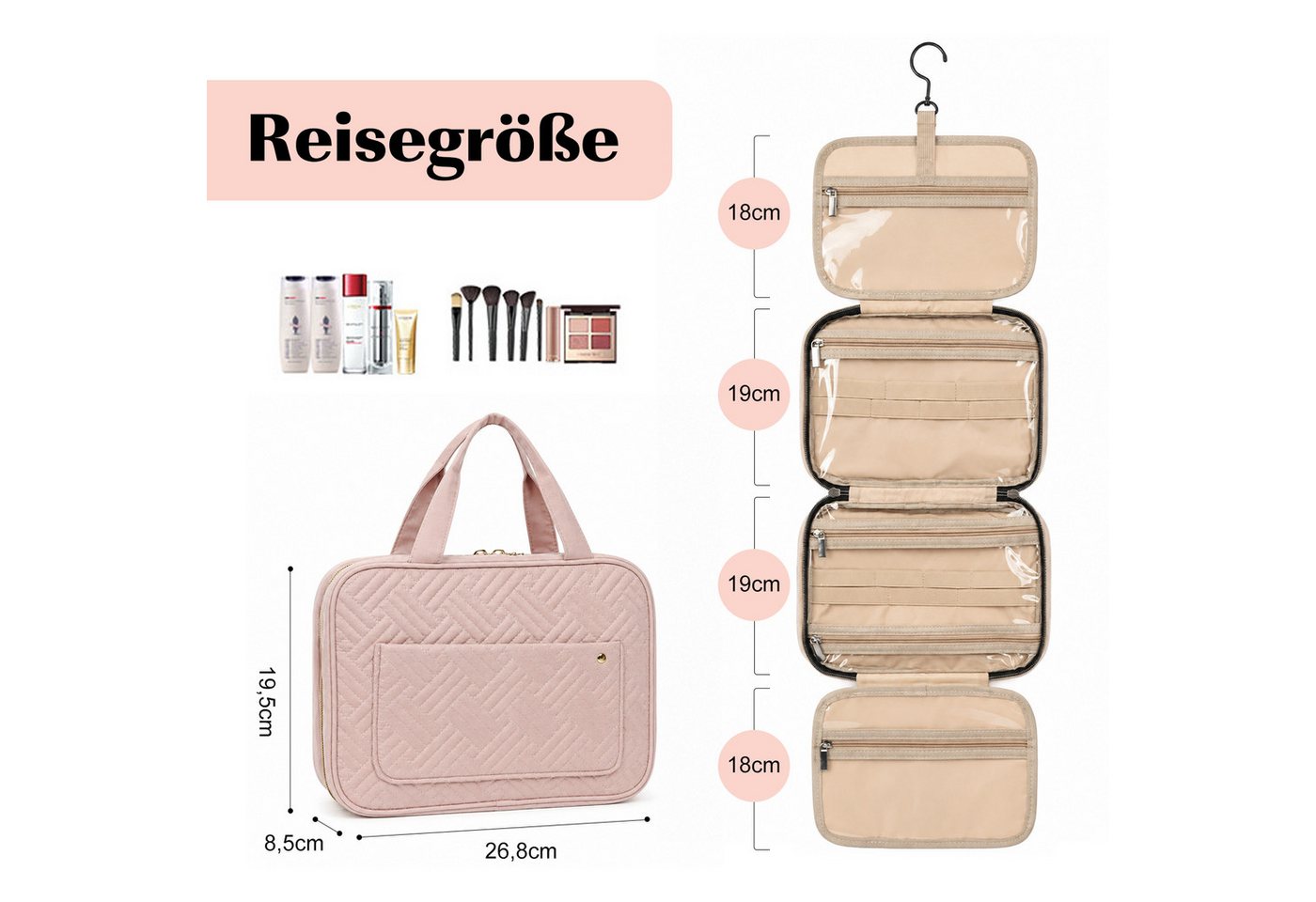 OSTWOLKE Kulturbeutel Reise Kulturtasche Damen Wasserabweisende Kulturbeutel zum Aufhängen, Kosmetiktasche mit 4 Fächer, elastische Bänder, 360° Haken, Doppel-RV Bild 2
