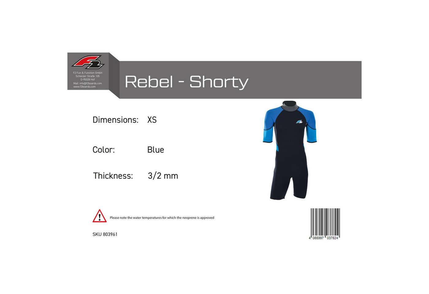 F2 Neoprenanzug F2 Herren Neopren Anzug Rebel - Shorty 3/2 mm XS Blau Bild 3