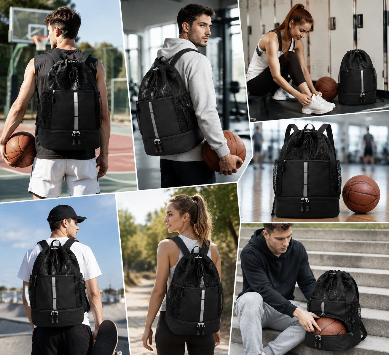 Toomoke Rucksack Sport Rucksack mit Schuhfach Basketball Tasche Herren Damen Schwarz (Großer Sportrucksack, mit separatem Schuhfach, Nassfach und Platz für Basketball), ideal für Fitness, Training und Freizeit. Bild 3