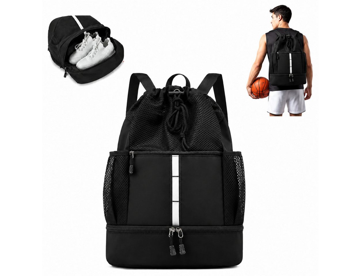 Toomoke Rucksack Sport Rucksack mit Schuhfach Basketball Tasche Herren Damen Schwarz (Großer Sportrucksack, mit separatem Schuhfach, Nassfach und Platz für Basketball), ideal für Fitness, Training und Freizeit. Bild 4