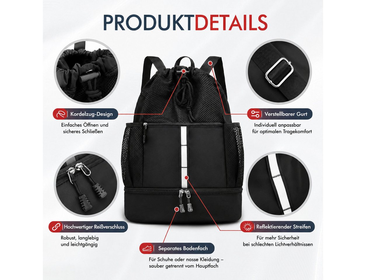 Toomoke Rucksack Sport Rucksack mit Schuhfach Basketball Tasche Herren Damen Schwarz (Großer Sportrucksack, mit separatem Schuhfach, Nassfach und Platz für Basketball), ideal für Fitness, Training und Freizeit. Bild 5