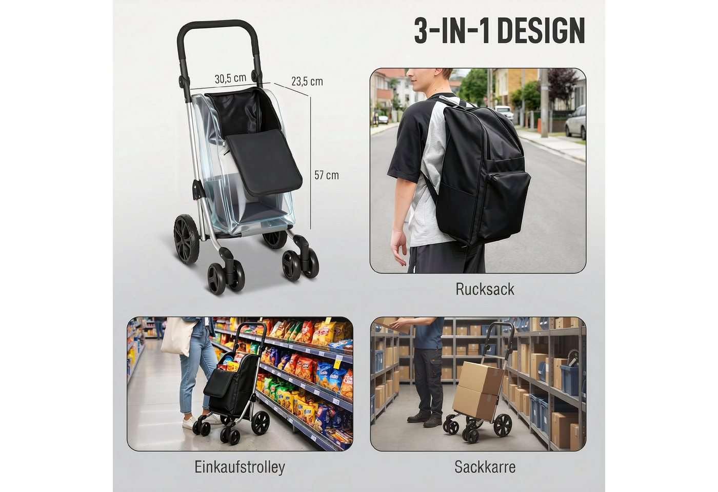 HOMCOM Einkaufstrolley Sackkarre Einkaufswagen mit abnehmbarer Tasche, 46 l, 3in1 klappbar, Kühlfach, 6 Räder Bild 5