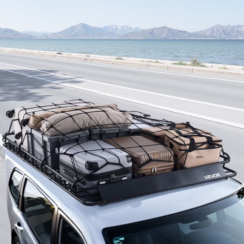 VEVOR Dachträgerkorb 1630 x 1270 x 105 mm mit zwei 90 x 100 cm Gepäcknetzen, Geeignet für Gepäck Sport- und Campingausrüstung, mit 4 U-Bügeln und Abgeschrägter Frontplatte, Legierter Stahl, Schwarz