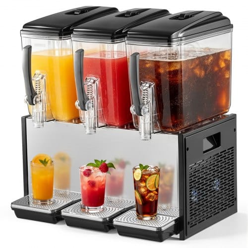 VEVOR Elektrischer Getränkespender 3 x 12 L 7-12 °C Saftspender mit PC-Behälter, für Restaurants, Hotels, Bars und Kioske, mit Rührstab für Gleichmäßige Durchmischung, Druckschalter und Auffangschale