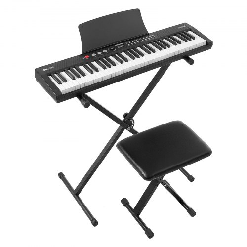 VEVOR Digitalpiano 61 Tasten Halbgewichtet E-Piano mit Ständer Klavierhocker, 128 Klänge, 128 Rhythmen, HiFi-Stereolautsprecher, 3,5-mm-Kopfhörerbuchse, Sustain-Pedal, USB/MIDI und Notenablage