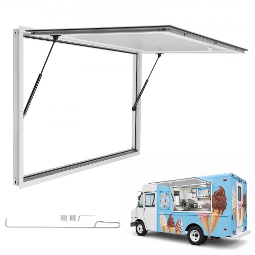 VEVOR Verkaufsfenster 1220 x 915 x 80 mm Konzessionsfenster Servicefenster für Imbisswagen und Verkaufsstände, bis 85° Aufklappbar, Aluminiumlegierungsrahmen, mit Verkaufsklappe und Regenschutz