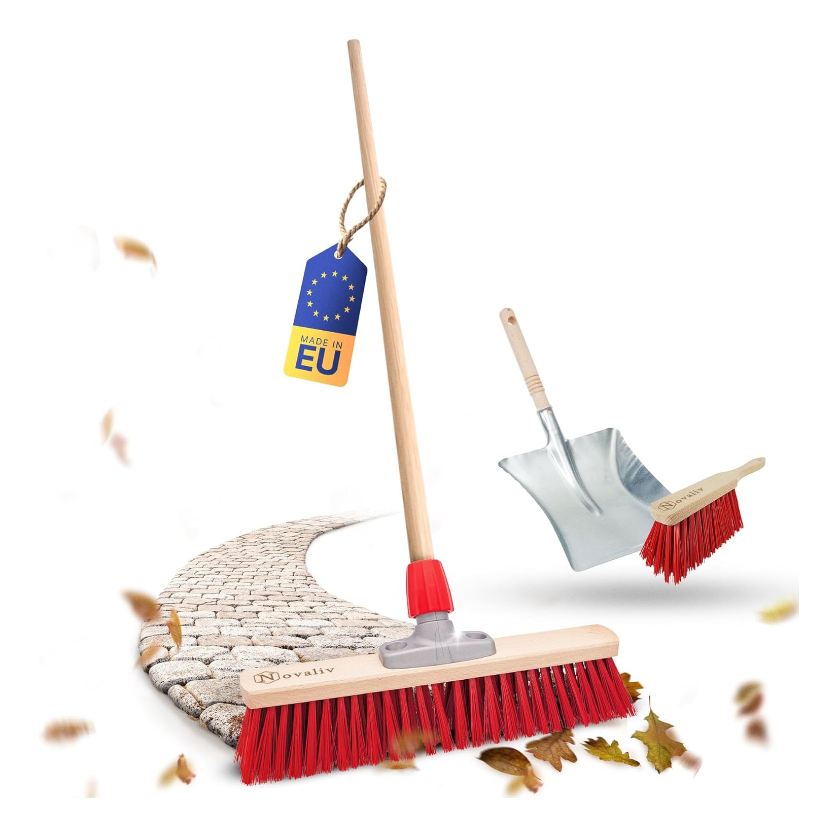 Straßenbesen mit Stiel 40 cm Set I Besen Kehrblech und Handfeger I Elaston rot I mit Gewinde I Straßenbesen Breit Gartenbesen Outdoor Besen draußen Besen Außenbereich