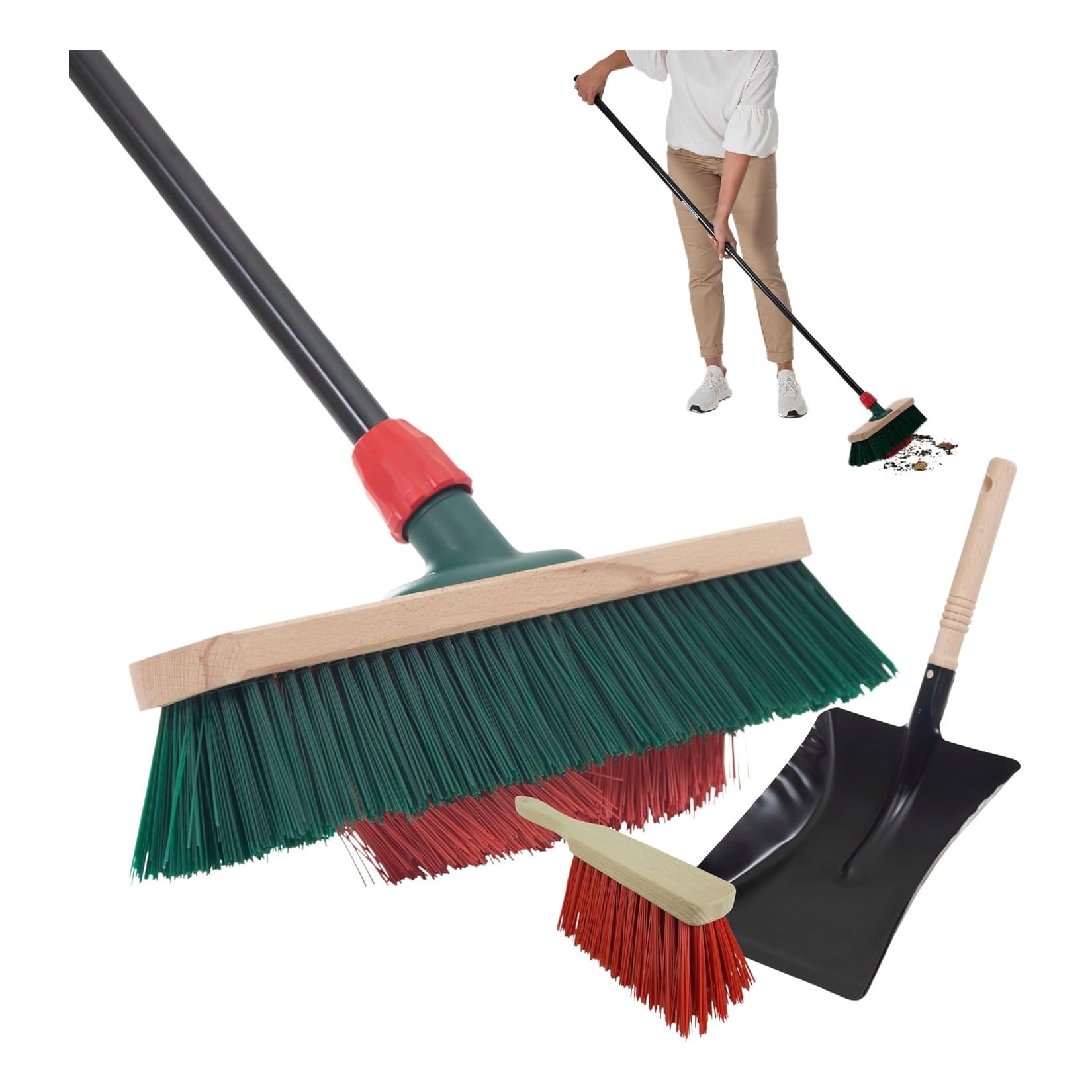 Novaliv Gartenbesen mit Stiel V-Borsten 40 cm Elaston Borsten inkl. Kehrgarnitur verzinkt mit Gummilippe bestehend aus Kehrblech & Handfeger Terassenbesen Hofbesen Stallbesen Outdoor Broom