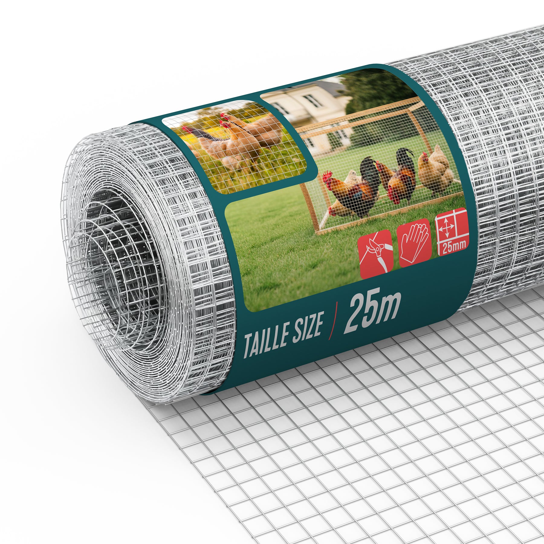 Vounot® Drahtgitter 1x25m, Maschenweite 25 Mm, Drahtstärke 1 Mm, Verzinkt Silber