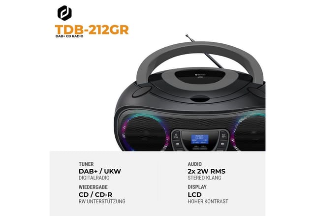DENVER TDB-212GR - Grey - DAB+ Boombox with Bluetooth & CD Player