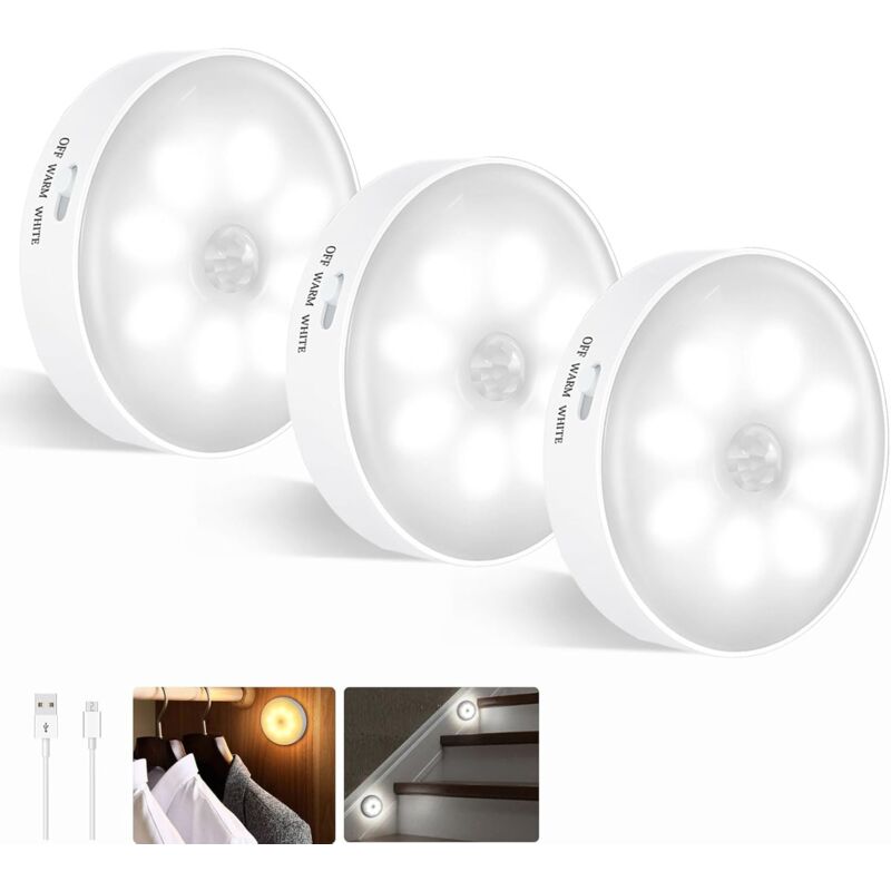 Zvd Led-lampe Mit Bewegungssensor, 3er-set, Led-nachtlicht, Kabellos, Wiederaufladbar Per Usb, Zweifarbig (weißes Licht + Warmes Licht)