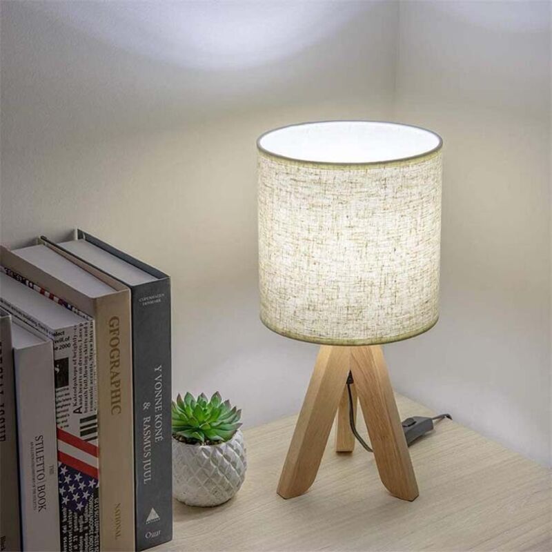 Zvd Skandinavische Tischlampe Mit Drei Köpfen Aus Holz Und Stoff, Schlichte Nachttischlampe Für Büro, Schlafzimmer, Wohnzimmer