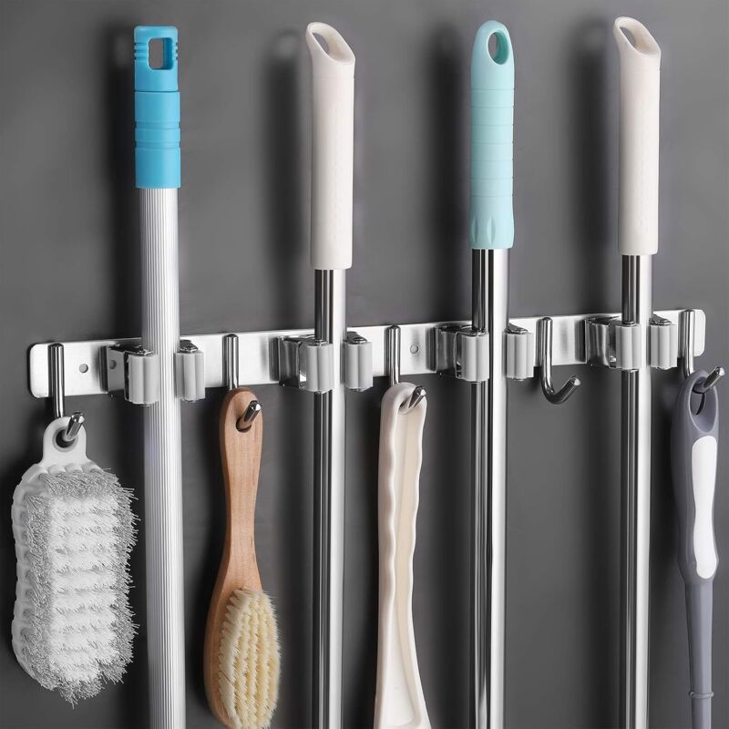 Zvd Wand-besenhalter Mit 4 Plätzen Und 5 Haken, Wand-besenständer Aus Edelstahl, Selbstklebender Wand-besenhalter Für Küche Bad Garten, Grau