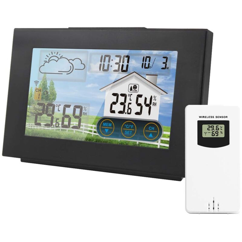 Zvd Funk-wetterstation, Elektronischer Wecker Mit Schlummerfunktion, Digitales Thermometer, Innen-hygrometer Mit Außensensor, Alarmanzeige, Großes Farbiges Lcd-display, Wettervorhersage Und Touch-tast