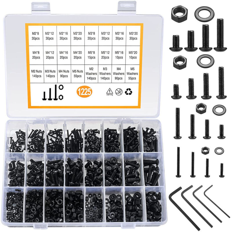 Zvd Kit 1225 Stück M2 M3 M4 M5 Kohlenstoffstahl-innensechskant-schrauben Mit Muttern Sortiment (schwarz)