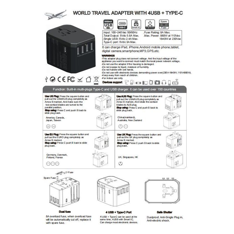 Zvd Internationaler Reiseadapter, Universaladapter Mit 1 Usb-a + 2 Type-c Für Handys, Computer, Tablets, Globaler All-in-one-netzsteckdosenadapter Für Usa/