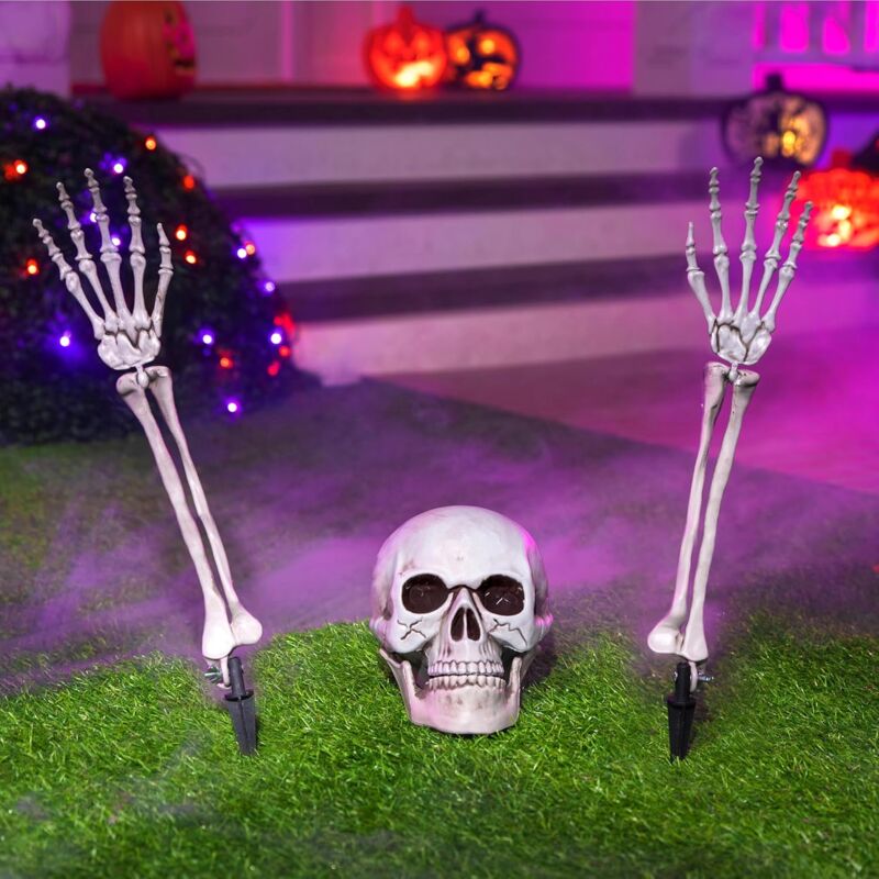Zvd Set Mit 3 Skelett-pfählen Für Halloween-dekorationen (glänzend Weiß), Realistischer Totenkopf, Schädelarme, Gartenpfähle, Revolutionäre Skelett-dekorationen Für Hofdekorationen