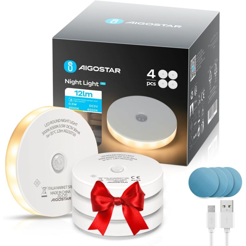 Zvd Packung Mit 4 Led-nachtlichtern Mit Bewegungssensor, Lampen Mit 2 Farbtemperaturen, Selbstklebende Möbelbeleuchtung, Usb-wiederaufladbar – Mit Magnetstreifen Ausgestattet, Ideal Für Schlafzimmer