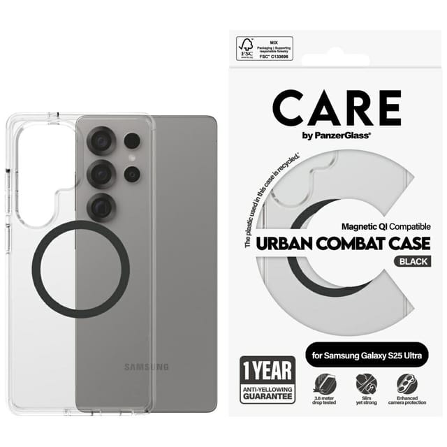CARE by PanzerGlass Flagship Case Transparent Urban Combat w. Black QI Compatible Samsung Galaxy S25 Ultra