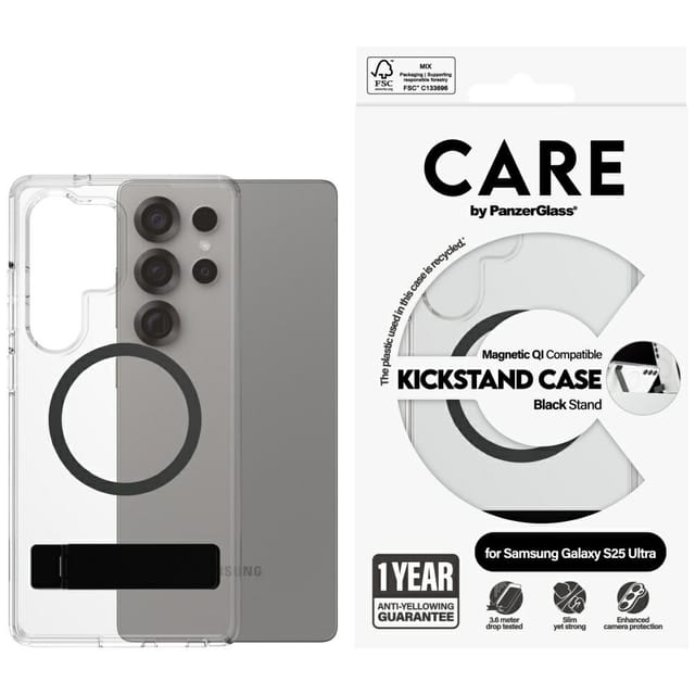 CARE by PanzerGlass Feature Case Transparent w. Black Kickstand & QI Compatible Samsung Galaxy S25 Ultra