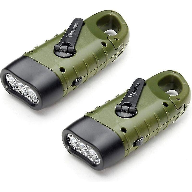 Wiederaufladbare Solartaschenlampe (2er-pack), Handbetriebene Dynamo-notfalltaschenlampe Mit Karabinerhaken Für Wandern, Reisen, Camping Und Klettern, Olivgrün