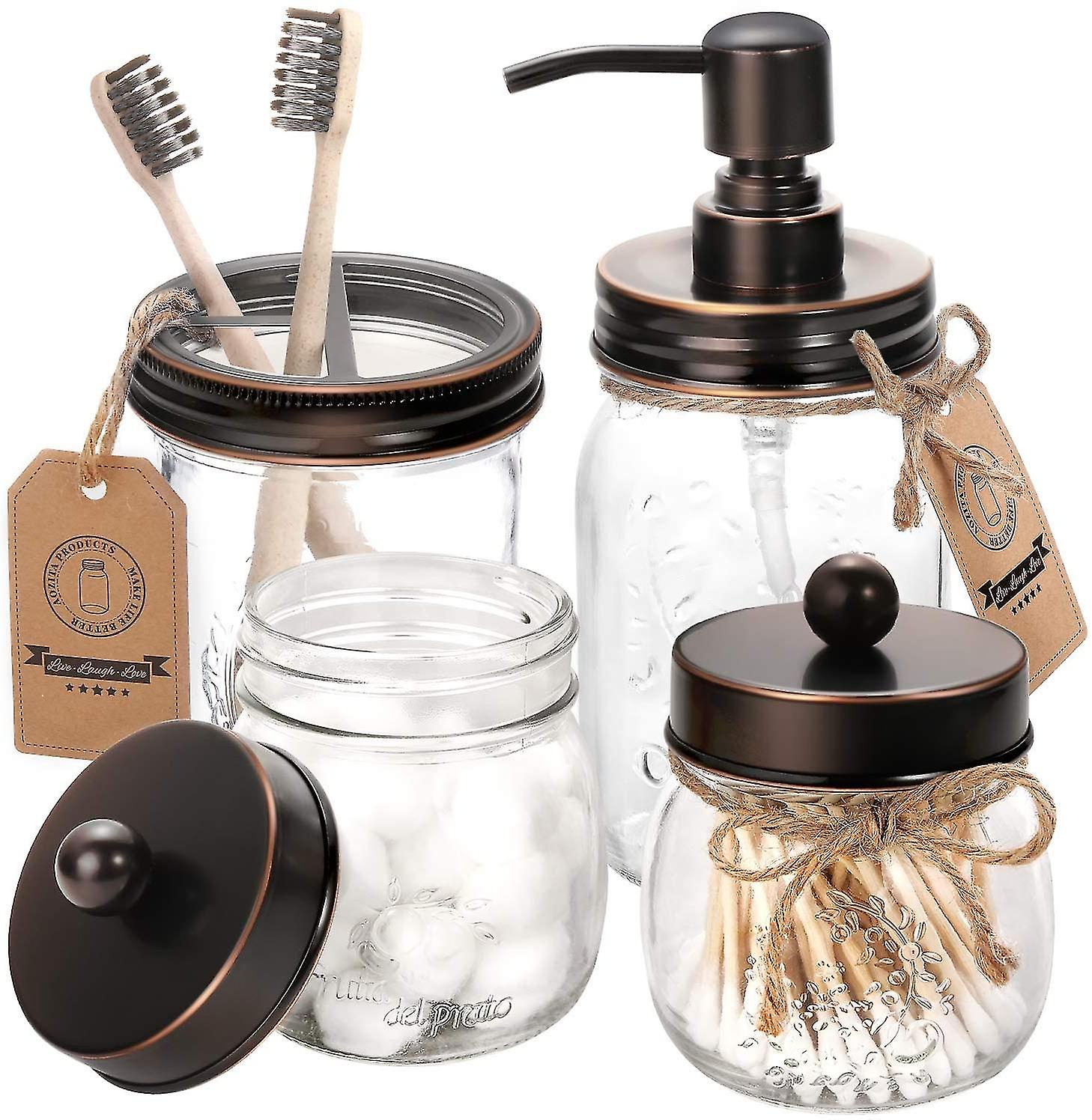 Badezimmer-accessoire-set In Geölter Bronzeoptik, Bestehend Aus Einem Seifenspender Im Einmachglas-design, Zwei Apothekergläsern Und Einem Zahnbürstenhalter – Rustikaler Landhausstil