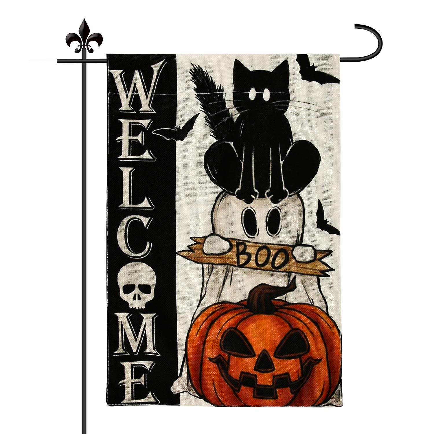 Halloween-gartenflagge Mit Kürbis Und Gruseliger Katze – Doppelseitiges Halloween-banner Für Die Dekoration Im Innen- Und Außenbereich