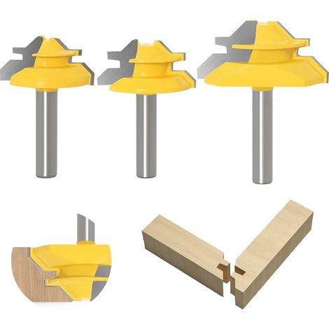 8 Mm Shank Rail Finger Réversible Joint Router Colle Bit 3pcs, 45 Degrés Lock Mitre Router Bit, Cône Tenon Fraises Pour Le Travail Du Bois Outils Carpenter