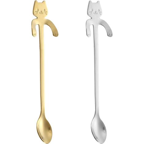 Bravix 2 Pièces Chat Cuillère À Café Chat Cuillère À Café Cuillère À Dessert En Acier Inoxydable Chat Suspendu Design Thé Lait Café Dessert Boisson Milkshake (or, Argent)