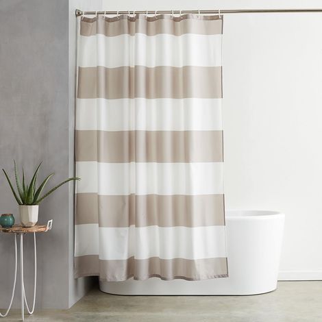 Bravix Rideau De Douche En Tissu Imprimé Hydrofuge Avec Œillets Métalliques Et Crochets En Plastique Blanc, 183 X 183 Cm, Gris Rayures