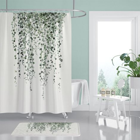 Bravix Rideau De Douche Feuilles Vertes Rideau De Douche Aquarelle Feuille Rideau De Douche Tissu Floral Rideau De Douche Plantes Imperméables Rideaux De Salle De Bain Avec Crochets, 180x180