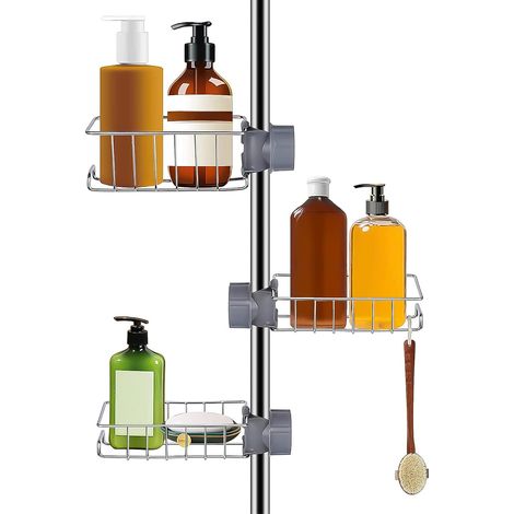 Bravix Douche Inox Sans Perçage, 3 Pcs Étagère De Douche, Étagère Salle De Bain Télescopique Inoxydable, Douche Sans Percage Inox,22.511cm