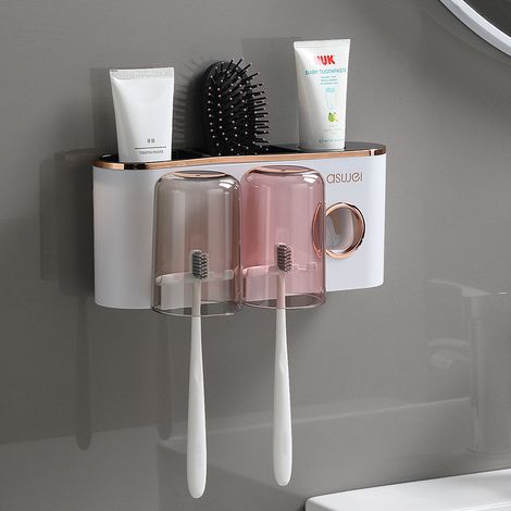 Porte-brosse À Dents Poinçon Gratuit Salle De Bain Mural Multifonctionnel Cylindre Dentaire Haut De Gamme Ensemble D'Appareils Dentaires Tasse À Dents Électrique Deux Tasses